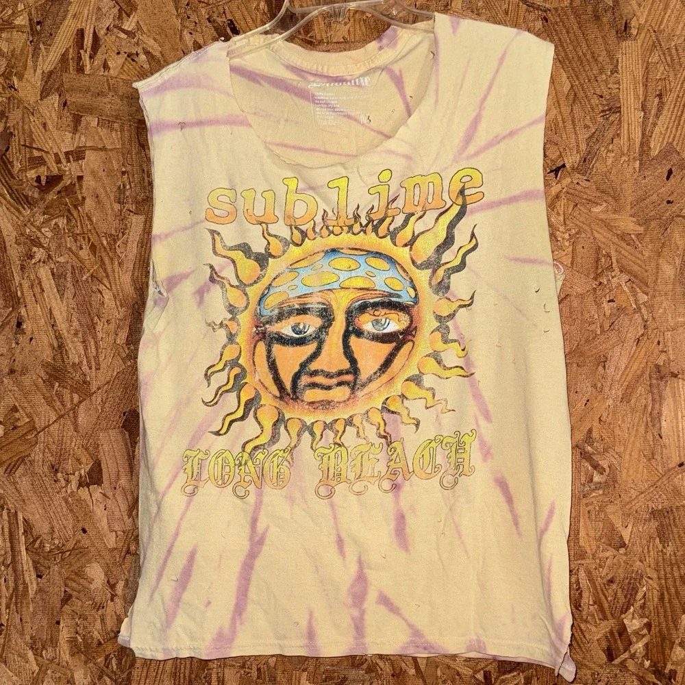 Sublime Distressed Graphic Tee Tie Dye Cut Off‎ Sleeve T-shirt Grunge Hippie M